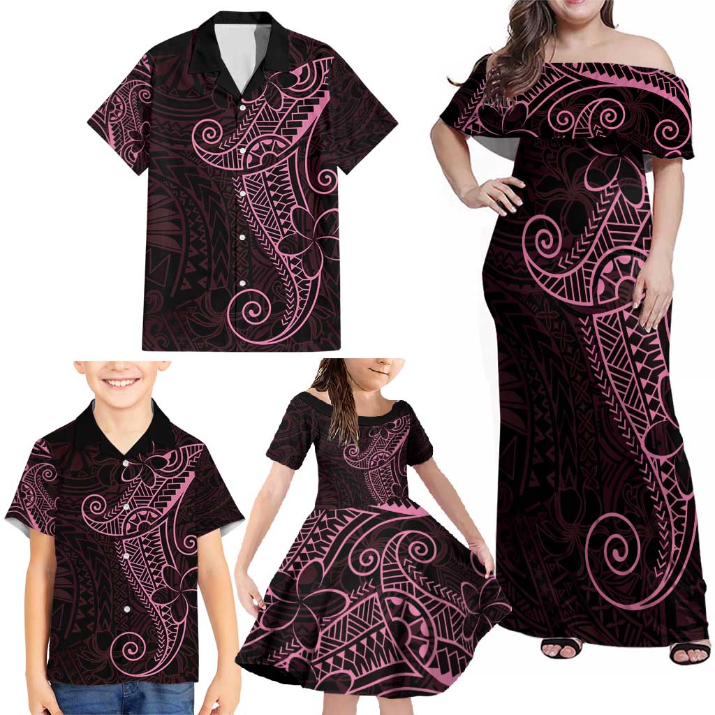 Black Pink Polynesian Tribal Family Matching Off Shoulder Maxi Dress and Hawaiian Shirt LT9 - Polynesian Pride