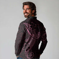 Black Pink Polynesian Tribal Long Sleeve Polo Shirt LT9 - Polynesian Pride