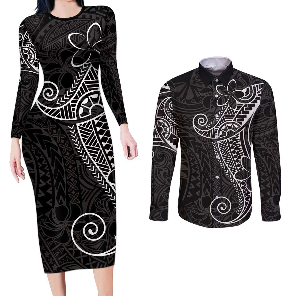 Black White Polynesian Tribal Couples Matching Long Sleeve Bodycon Dress and Long Sleeve Button Shirt LT9 White - Polynesian Pride