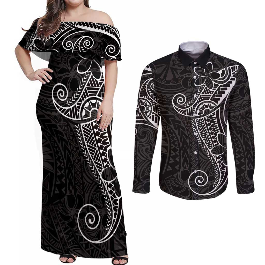 Black White Polynesian Tribal Couples Matching Off Shoulder Maxi Dress and Long Sleeve Button Shirt LT9 White - Polynesian Pride