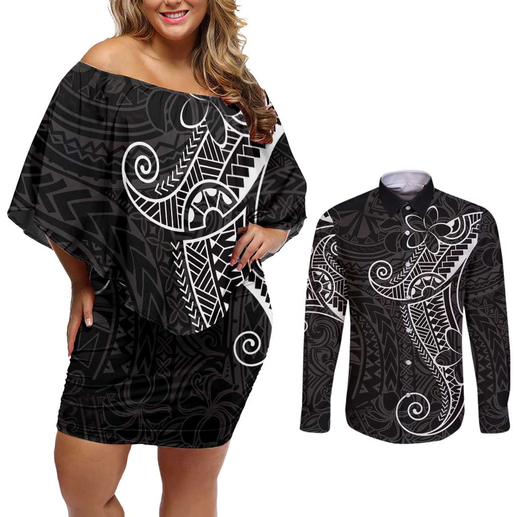Black White Polynesian Tribal Couples Matching Off Shoulder Short Dress and Long Sleeve Button Shirt LT9 White - Polynesian Pride