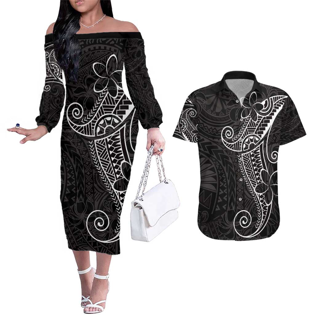 Black White Polynesian Tribal Couples Matching Off The Shoulder Long Sleeve Dress and Hawaiian Shirt LT9 White - Polynesian Pride