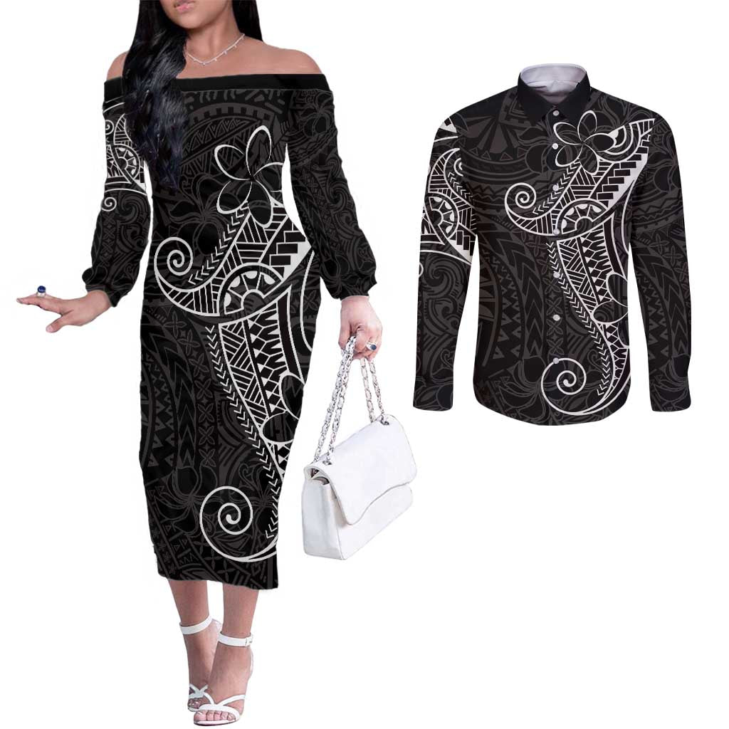 Black White Polynesian Tribal Couples Matching Off The Shoulder Long Sleeve Dress and Long Sleeve Button Shirt LT9 White - Polynesian Pride