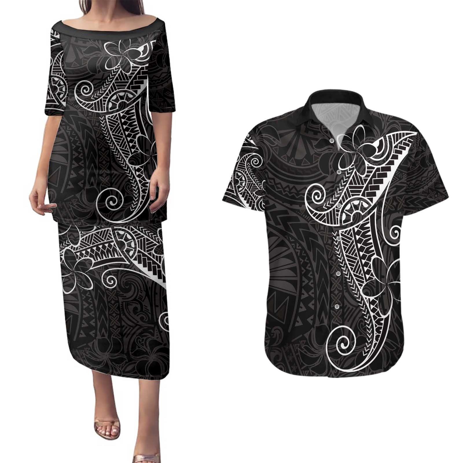 Black White Polynesian Tribal Couples Matching Puletasi and Hawaiian Shirt LT9 White - Polynesian Pride