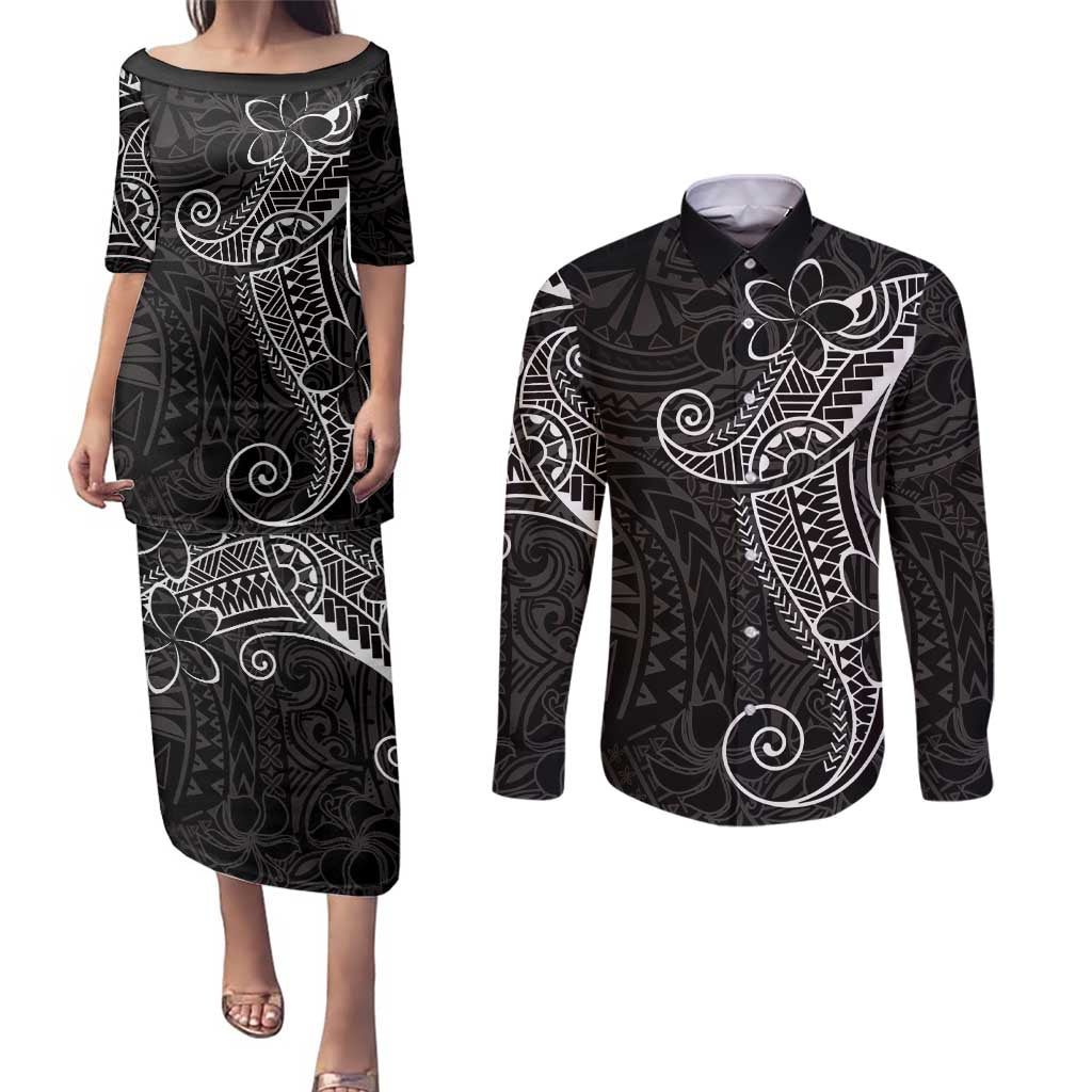 Black White Polynesian Tribal Couples Matching Puletasi and Long Sleeve Button Shirt LT9 White - Polynesian Pride
