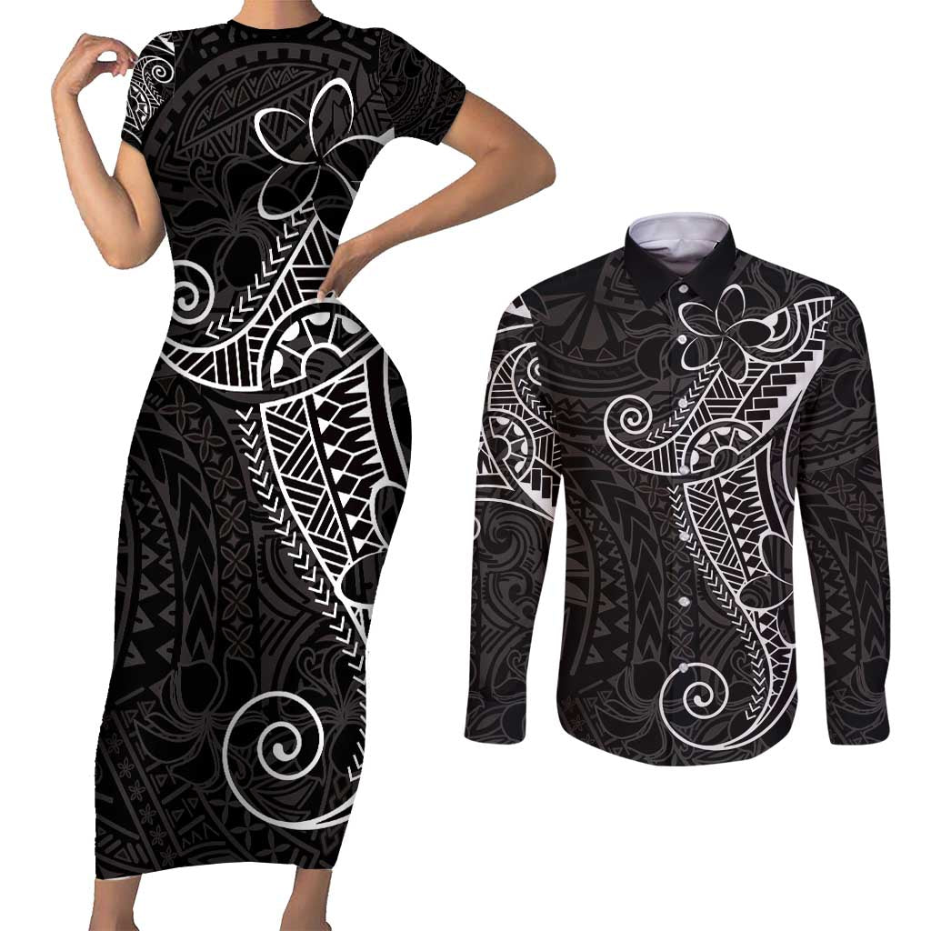 Black White Polynesian Tribal Couples Matching Short Sleeve Bodycon Dress and Long Sleeve Button Shirt LT9 White - Polynesian Pride