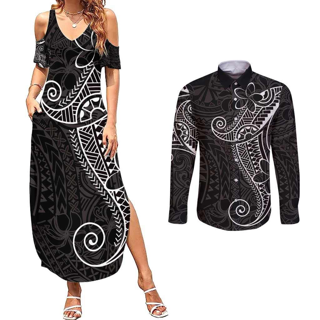 Black White Polynesian Tribal Couples Matching Summer Maxi Dress and Long Sleeve Button Shirt LT9 White - Polynesian Pride