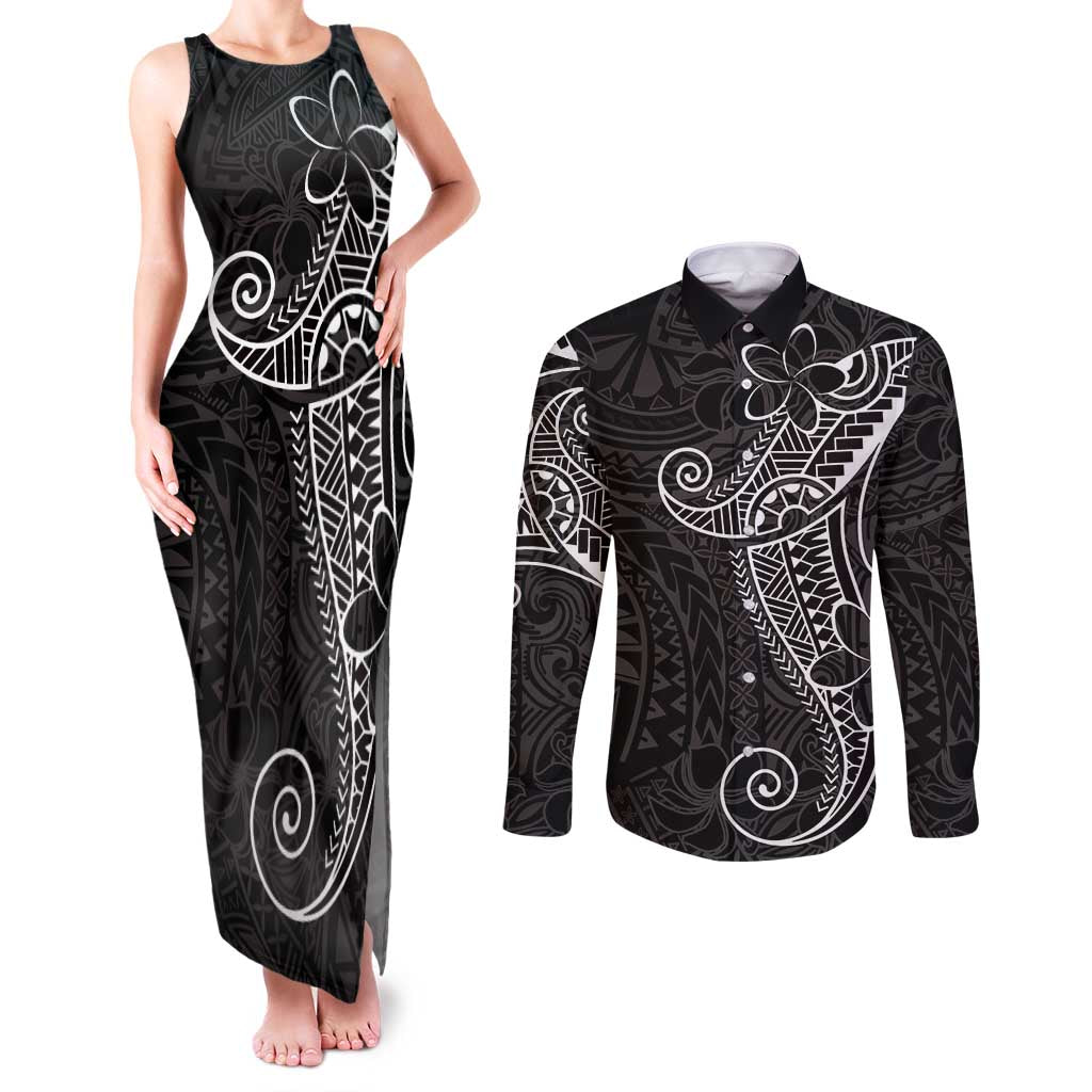 Black White Polynesian Tribal Couples Matching Tank Maxi Dress and Long Sleeve Button Shirt LT9 White - Polynesian Pride