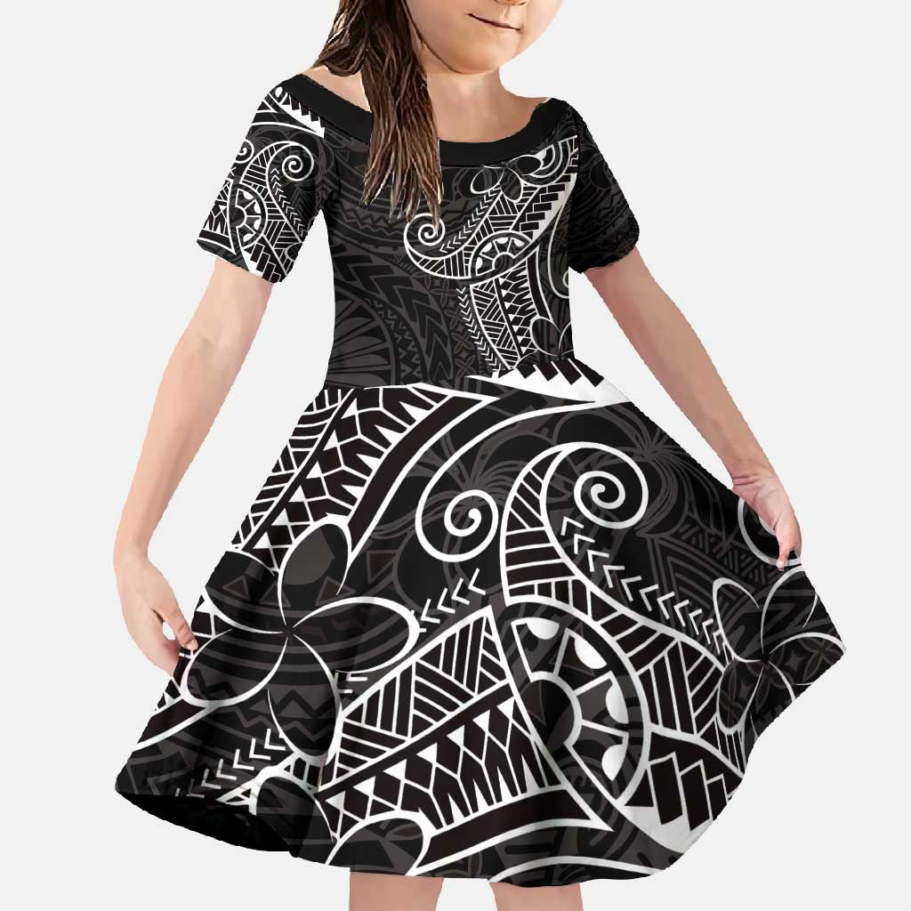 Black White Polynesian Tribal Family Matching Long Sleeve Bodycon Dress and Hawaiian Shirt LT9 Daughter's Dress White - Polynesian Pride