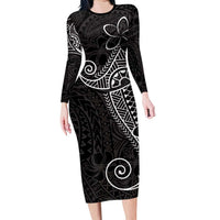 Black White Polynesian Tribal Family Matching Long Sleeve Bodycon Dress and Hawaiian Shirt LT9 Mom's Dress White - Polynesian Pride