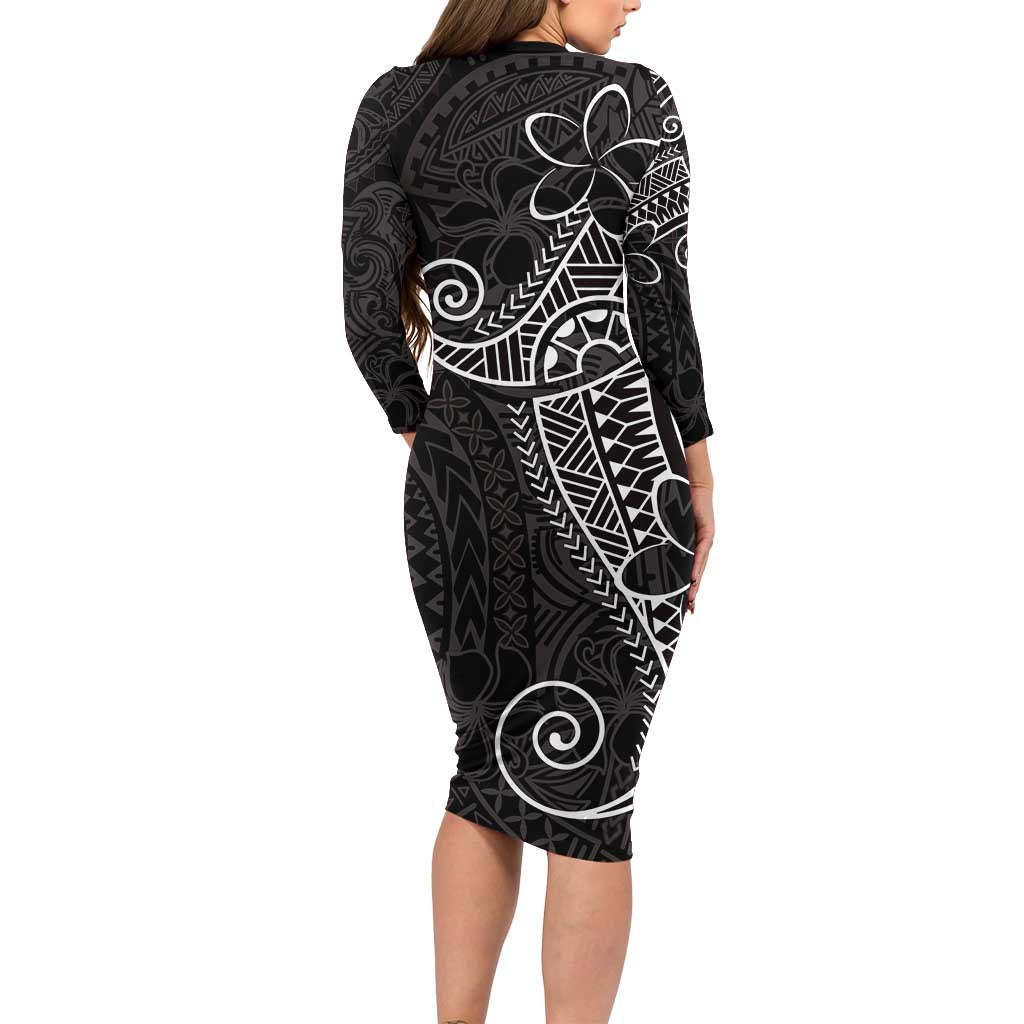 Black White Polynesian Tribal Family Matching Long Sleeve Bodycon Dress and Hawaiian Shirt LT9 - Polynesian Pride