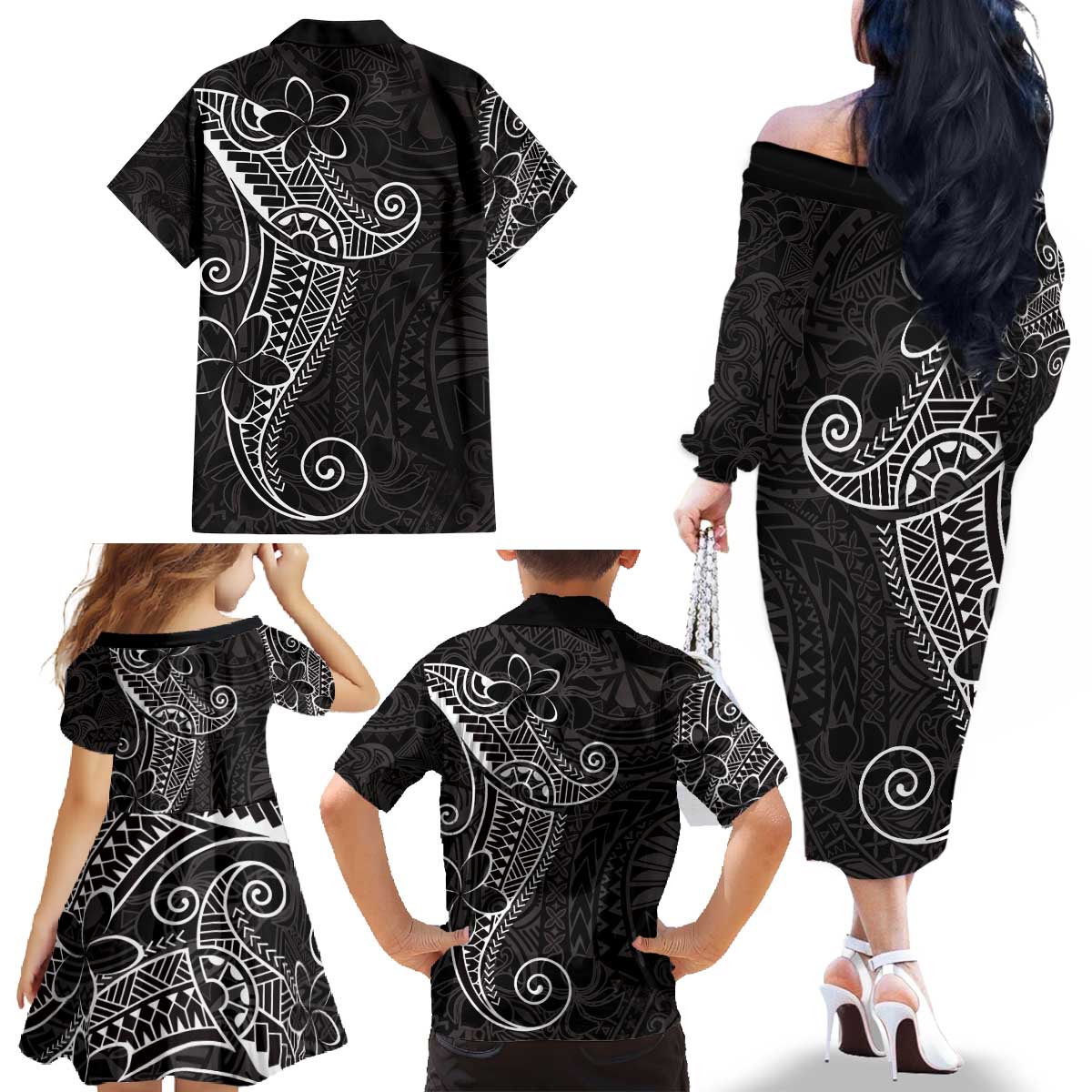 Black White Polynesian Tribal Family Matching Off The Shoulder Long Sleeve Dress and Hawaiian Shirt LT9 - Polynesian Pride