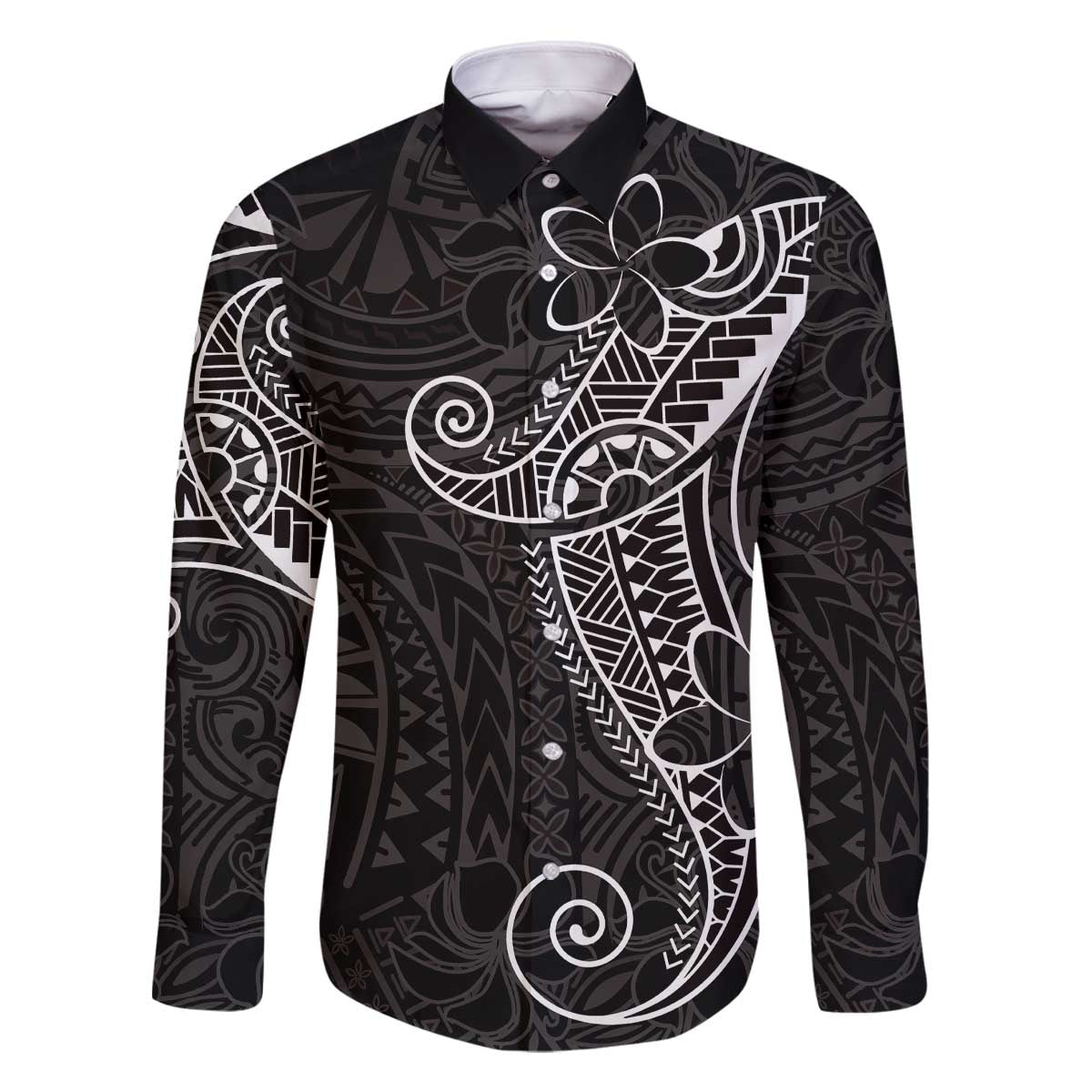 Black White Polynesian Tribal Family Matching Off The Shoulder Long Sleeve Dress and Hawaiian Shirt LT9 Dad's Shirt - Long Sleeve White - Polynesian Pride
