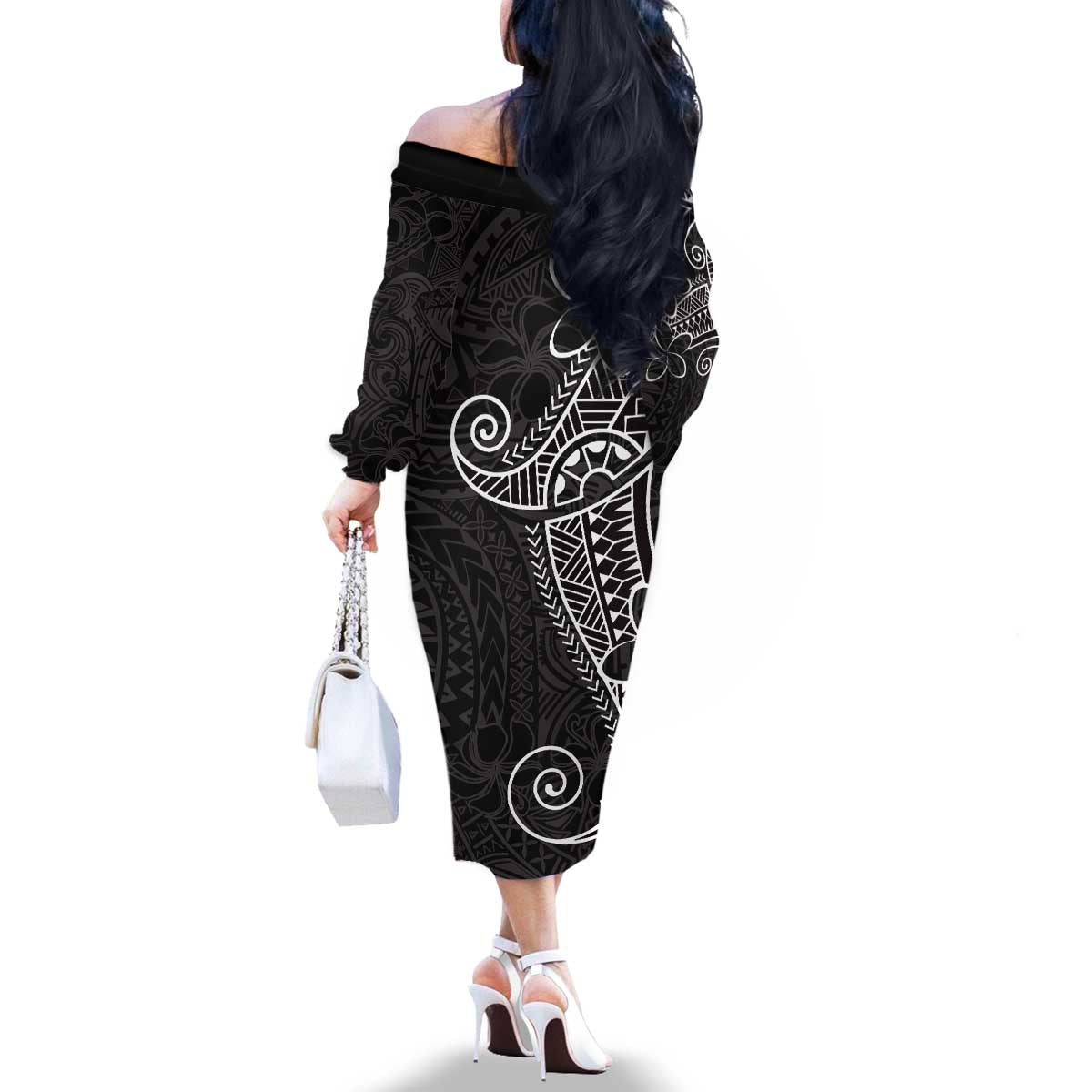 Black White Polynesian Tribal Family Matching Off The Shoulder Long Sleeve Dress and Hawaiian Shirt LT9 - Polynesian Pride