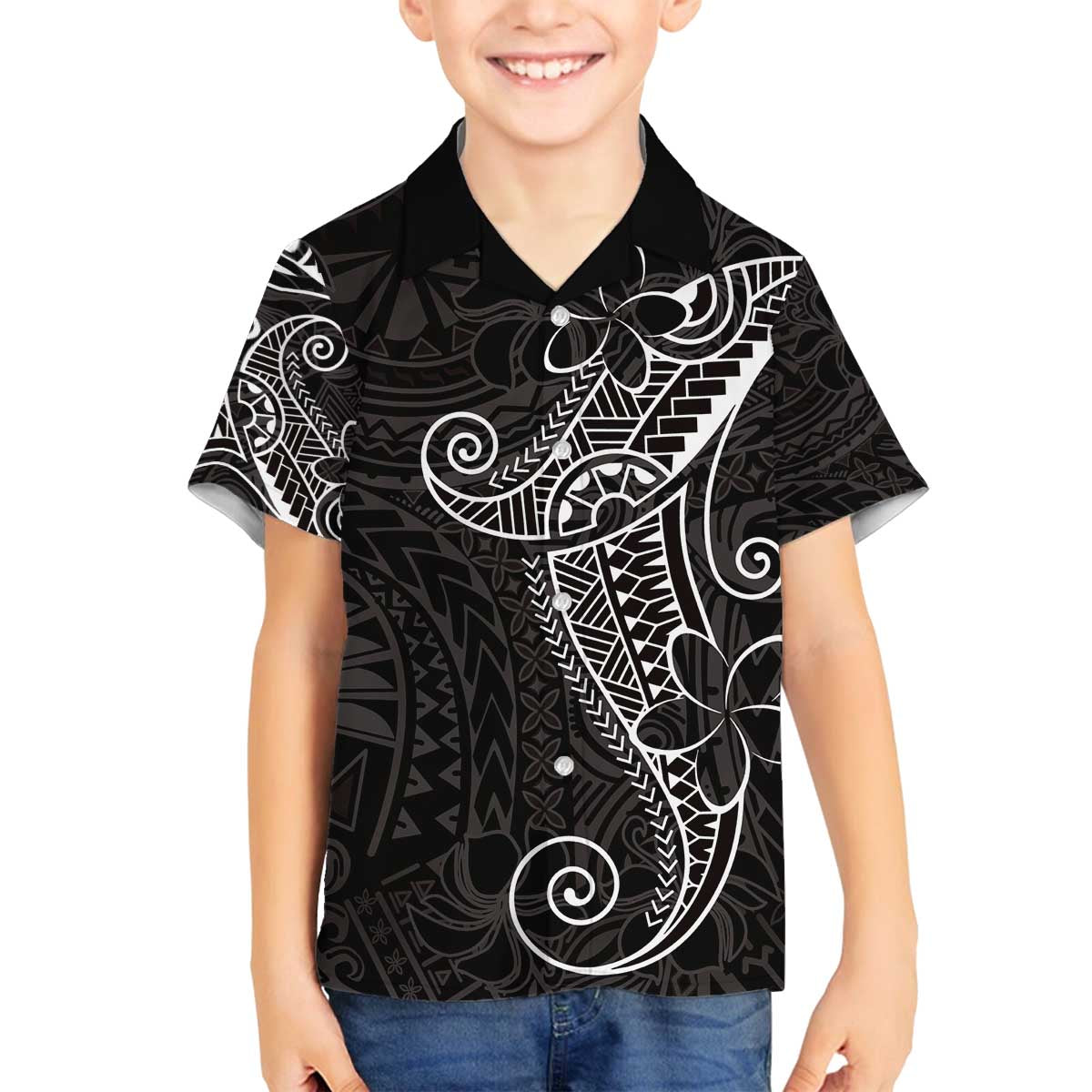 Black White Polynesian Tribal Family Matching Off The Shoulder Long Sleeve Dress and Hawaiian Shirt LT9 Son's Shirt White - Polynesian Pride