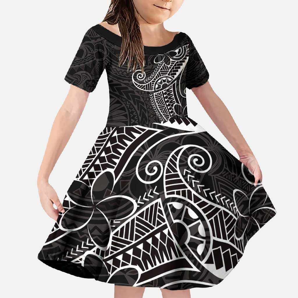 Black White Polynesian Tribal Family Matching Off Shoulder Maxi Dress and Hawaiian Shirt LT9 Daughter's Dress White - Polynesian Pride