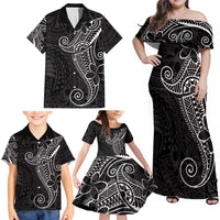 Black White Polynesian Tribal Family Matching Off Shoulder Maxi Dress and Hawaiian Shirt LT9 - Polynesian Pride