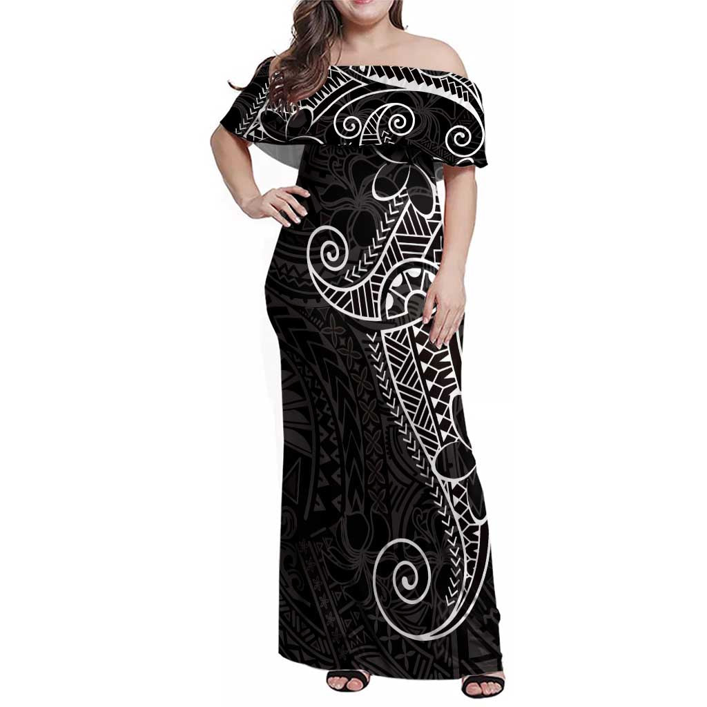 Black White Polynesian Tribal Family Matching Off Shoulder Maxi Dress and Hawaiian Shirt LT9 Mom's Dress White - Polynesian Pride