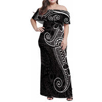 Black White Polynesian Tribal Family Matching Off Shoulder Maxi Dress and Hawaiian Shirt LT9 Mom's Dress White - Polynesian Pride
