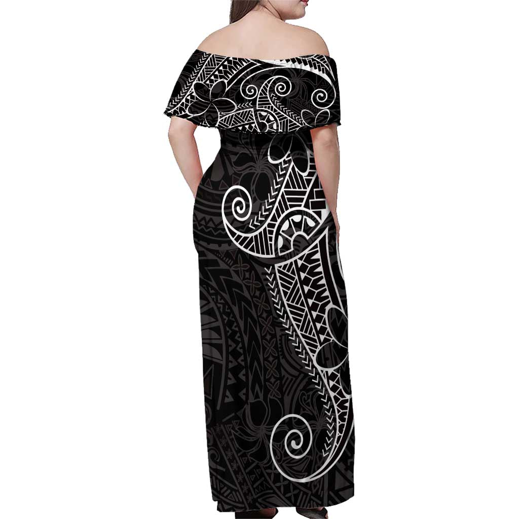 Black White Polynesian Tribal Family Matching Off Shoulder Maxi Dress and Hawaiian Shirt LT9 - Polynesian Pride