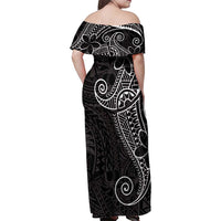 Black White Polynesian Tribal Family Matching Off Shoulder Maxi Dress and Hawaiian Shirt LT9 - Polynesian Pride