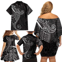 Black White Polynesian Tribal Family Matching Off Shoulder Short Dress and Hawaiian Shirt LT9 - Polynesian Pride