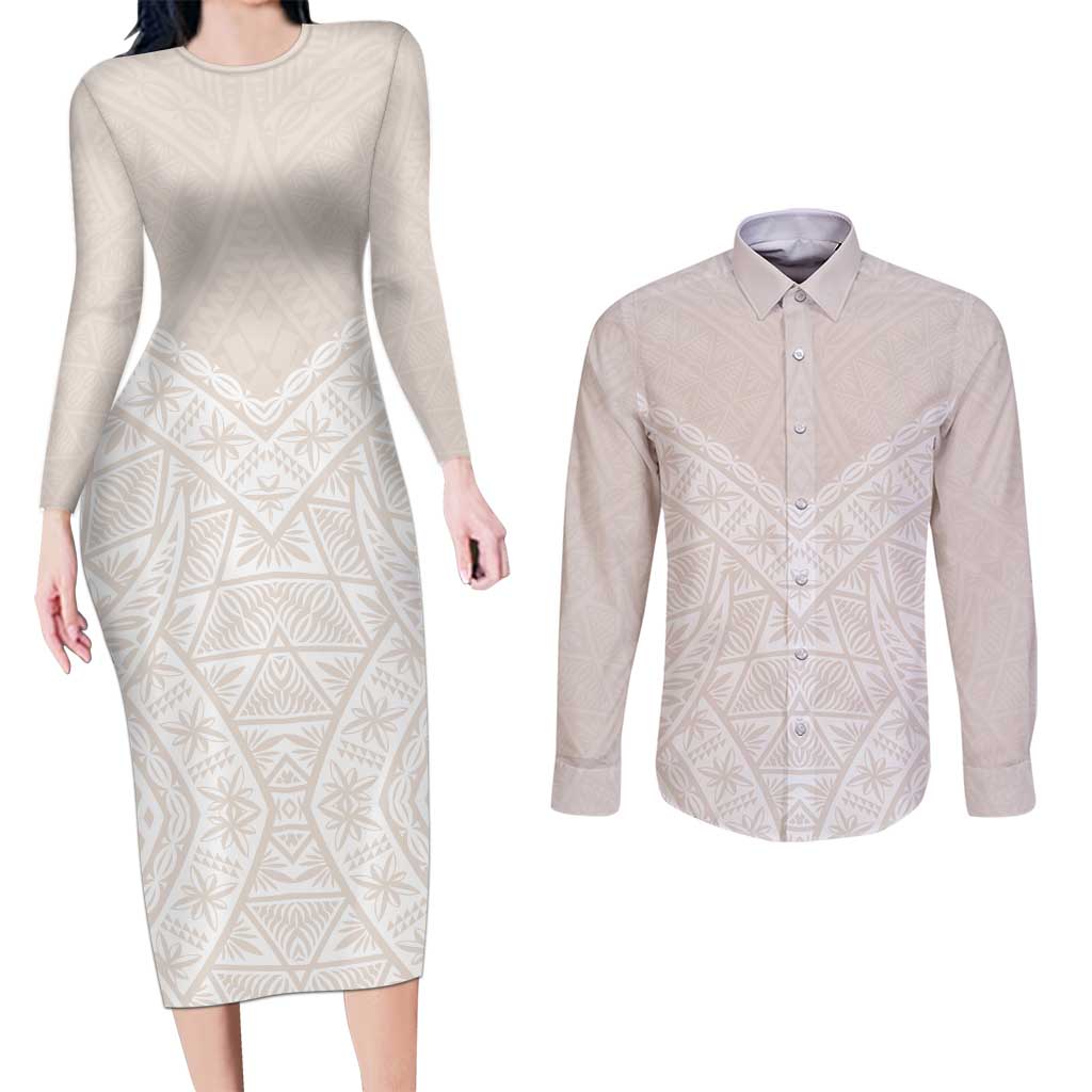 Lotu Tamaiti Tongan Polynesian Art Pattern Couples Matching Long Sleeve Bodycon Dress and Long Sleeve Button Shirt Traditional Tribal Motifs LT9 White - Polynesian Pride
