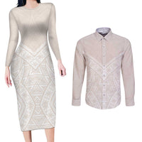 Lotu Tamaiti Tongan Polynesian Art Pattern Couples Matching Long Sleeve Bodycon Dress and Long Sleeve Button Shirt Traditional Tribal Motifs LT9 White - Polynesian Pride