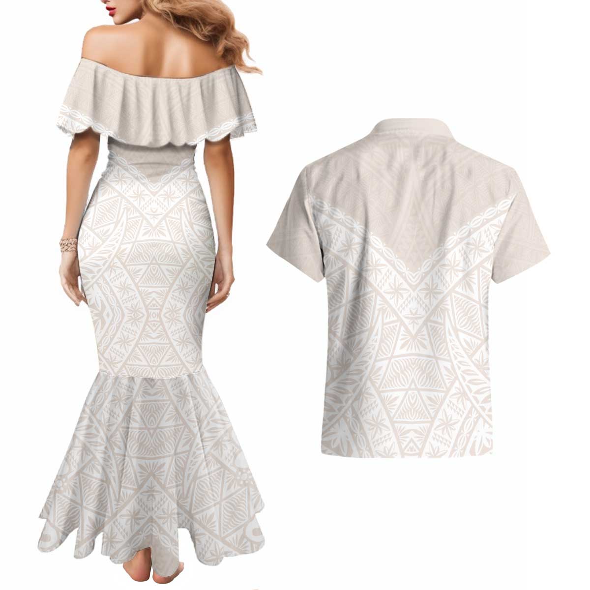 Lotu Tamaiti Tongan Polynesian Art Pattern Couples Matching Mermaid Dress and Hawaiian Shirt Traditional Tribal Motifs LT9 - Polynesian Pride