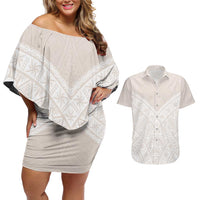 Lotu Tamaiti Tongan Polynesian Art Pattern Couples Matching Off Shoulder Short Dress and Hawaiian Shirt Traditional Tribal Motifs LT9 White - Polynesian Pride
