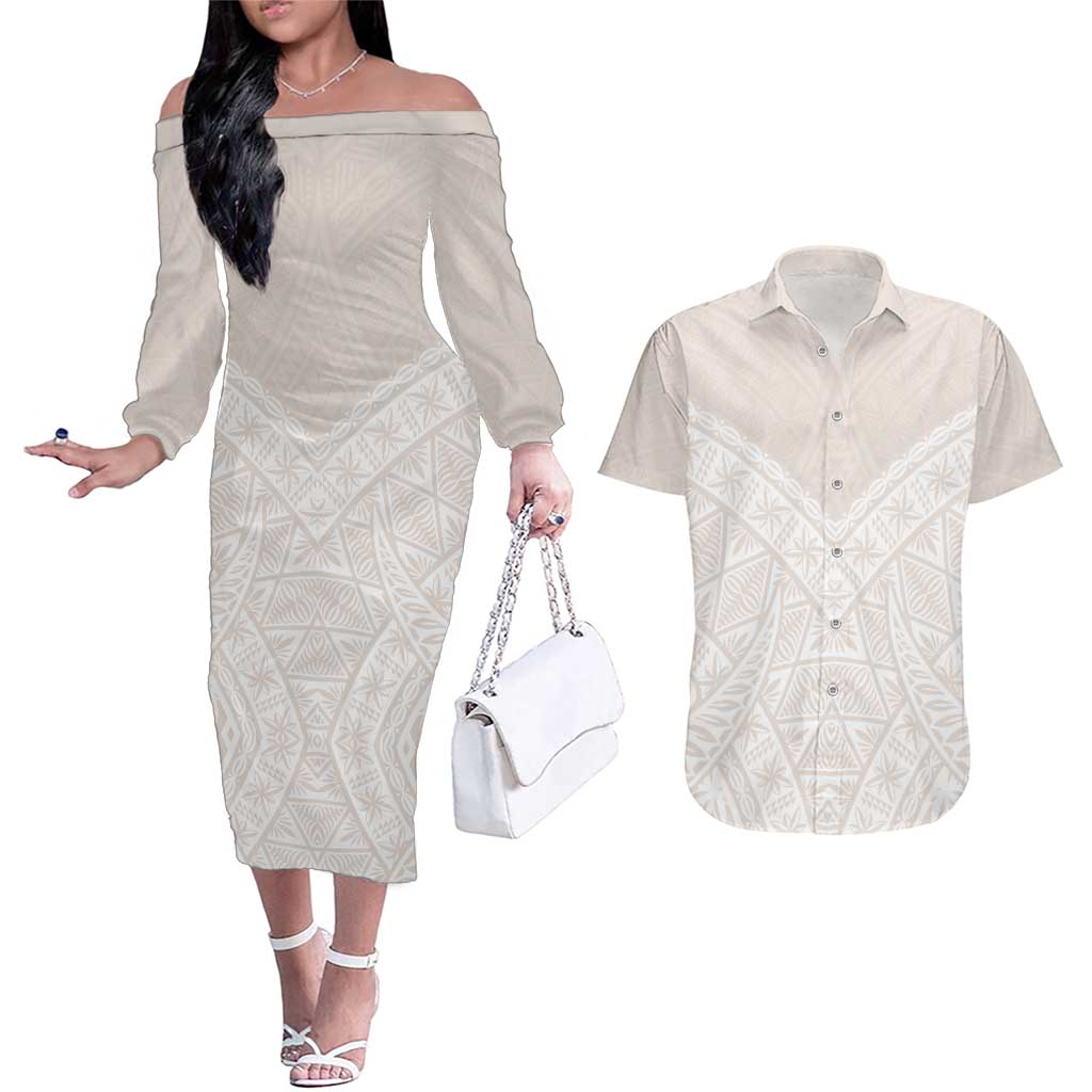Lotu Tamaiti Tongan Polynesian Art Pattern Couples Matching Off The Shoulder Long Sleeve Dress and Hawaiian Shirt Traditional Tribal Motifs LT9 White - Polynesian Pride