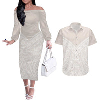 Lotu Tamaiti Tongan Polynesian Art Pattern Couples Matching Off The Shoulder Long Sleeve Dress and Hawaiian Shirt Traditional Tribal Motifs LT9 White - Polynesian Pride