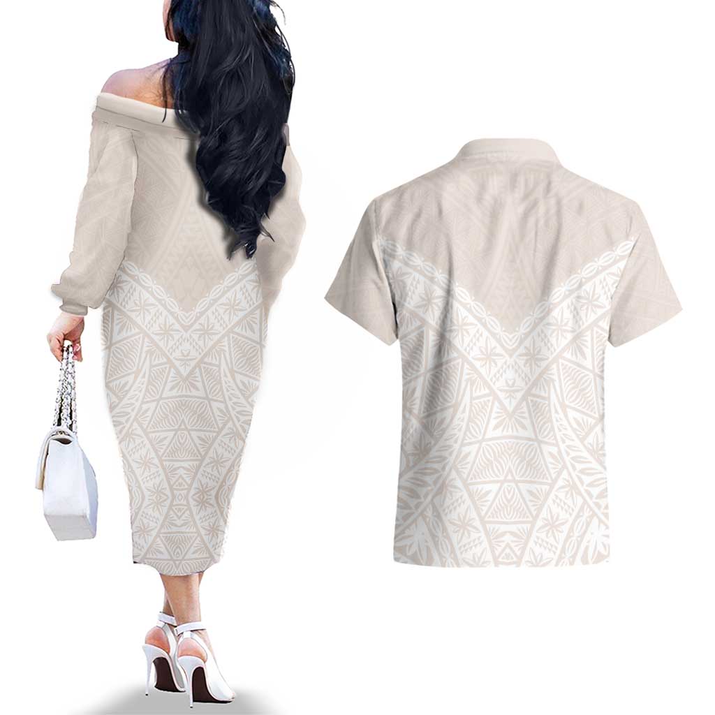 Lotu Tamaiti Tongan Polynesian Art Pattern Couples Matching Off The Shoulder Long Sleeve Dress and Hawaiian Shirt Traditional Tribal Motifs LT9 - Polynesian Pride