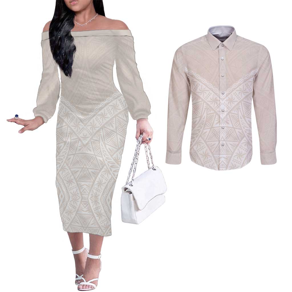 Lotu Tamaiti Tongan Polynesian Art Pattern Couples Matching Off The Shoulder Long Sleeve Dress and Long Sleeve Button Shirt Traditional Tribal Motifs LT9 White - Polynesian Pride