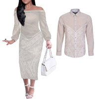 Lotu Tamaiti Tongan Polynesian Art Pattern Couples Matching Off The Shoulder Long Sleeve Dress and Long Sleeve Button Shirt Traditional Tribal Motifs LT9 White - Polynesian Pride