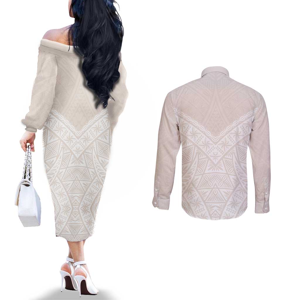Lotu Tamaiti Tongan Polynesian Art Pattern Couples Matching Off The Shoulder Long Sleeve Dress and Long Sleeve Button Shirt Traditional Tribal Motifs LT9 - Polynesian Pride