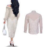 Lotu Tamaiti Tongan Polynesian Art Pattern Couples Matching Off The Shoulder Long Sleeve Dress and Long Sleeve Button Shirt Traditional Tribal Motifs LT9 - Polynesian Pride