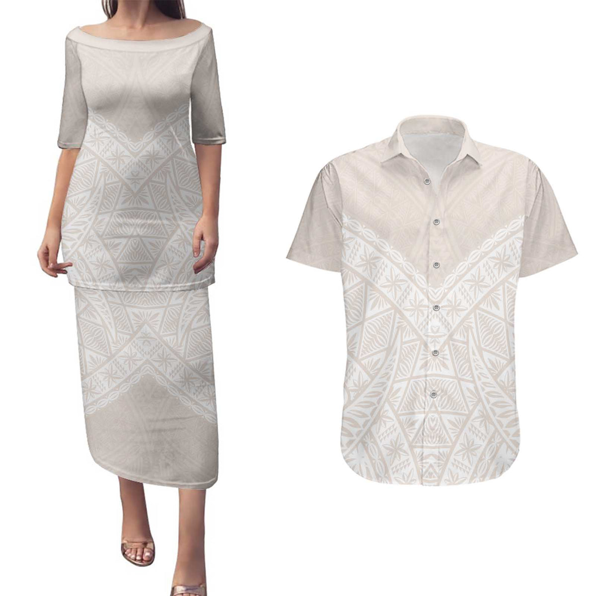 Lotu Tamaiti Tongan Polynesian Art Pattern Couples Matching Puletasi and Hawaiian Shirt Traditional Tribal Motifs LT9 White - Polynesian Pride