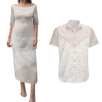 Lotu Tamaiti Tongan Polynesian Art Pattern Couples Matching Puletasi and Hawaiian Shirt Traditional Tribal Motifs LT9 White - Polynesian Pride