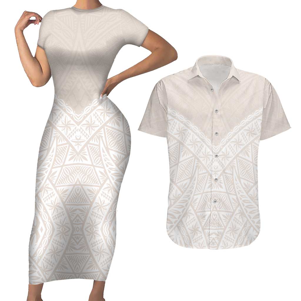 Lotu Tamaiti Tongan Polynesian Art Pattern Couples Matching Short Sleeve Bodycon Dress and Hawaiian Shirt Traditional Tribal Motifs LT9 White - Polynesian Pride