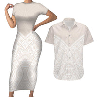 Lotu Tamaiti Tongan Polynesian Art Pattern Couples Matching Short Sleeve Bodycon Dress and Hawaiian Shirt Traditional Tribal Motifs LT9 White - Polynesian Pride