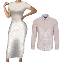 Lotu Tamaiti Tongan Polynesian Art Pattern Couples Matching Short Sleeve Bodycon Dress and Long Sleeve Button Shirt Traditional Tribal Motifs LT9 White - Polynesian Pride