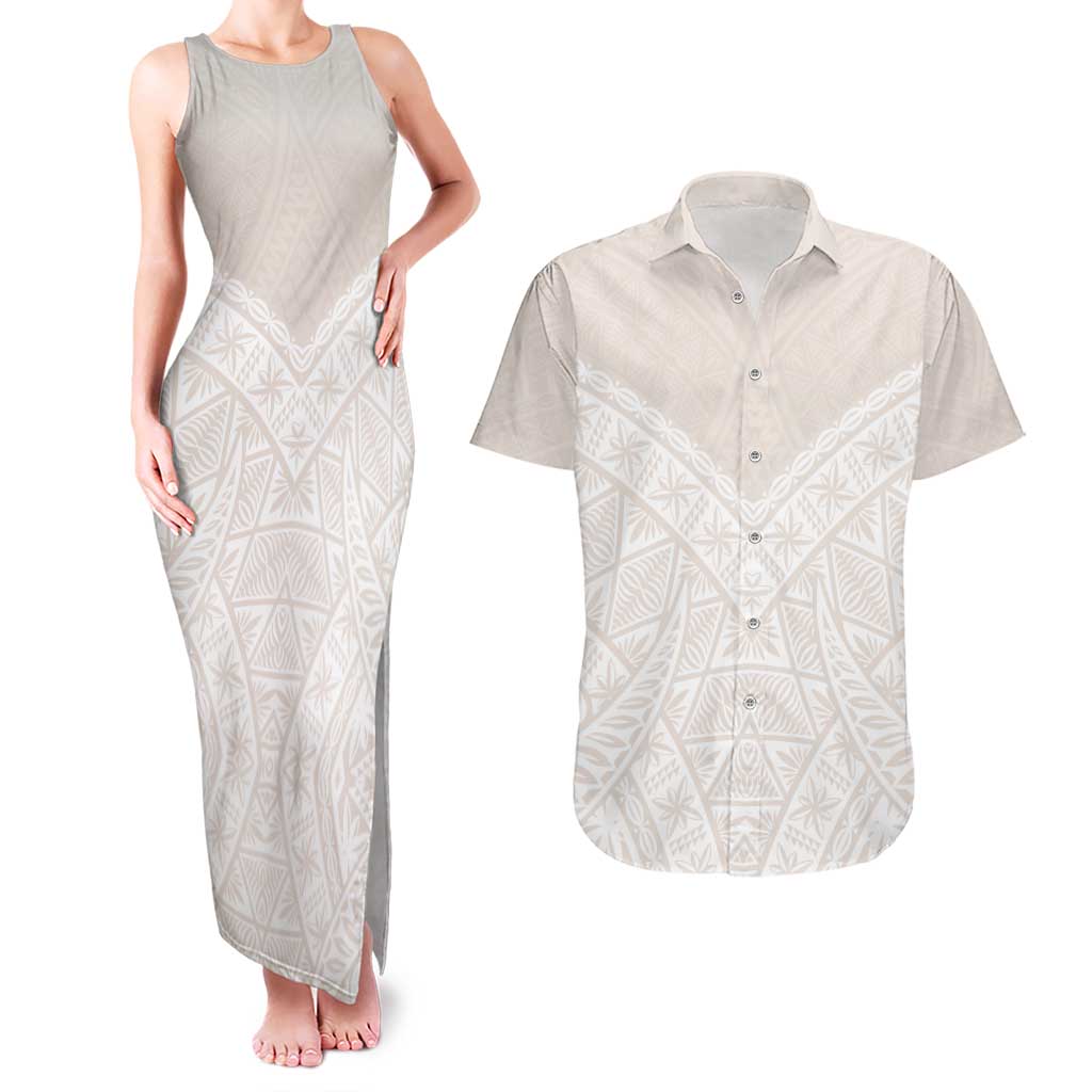 Lotu Tamaiti Tongan Polynesian Art Pattern Couples Matching Tank Maxi Dress and Hawaiian Shirt Traditional Tribal Motifs LT9 White - Polynesian Pride