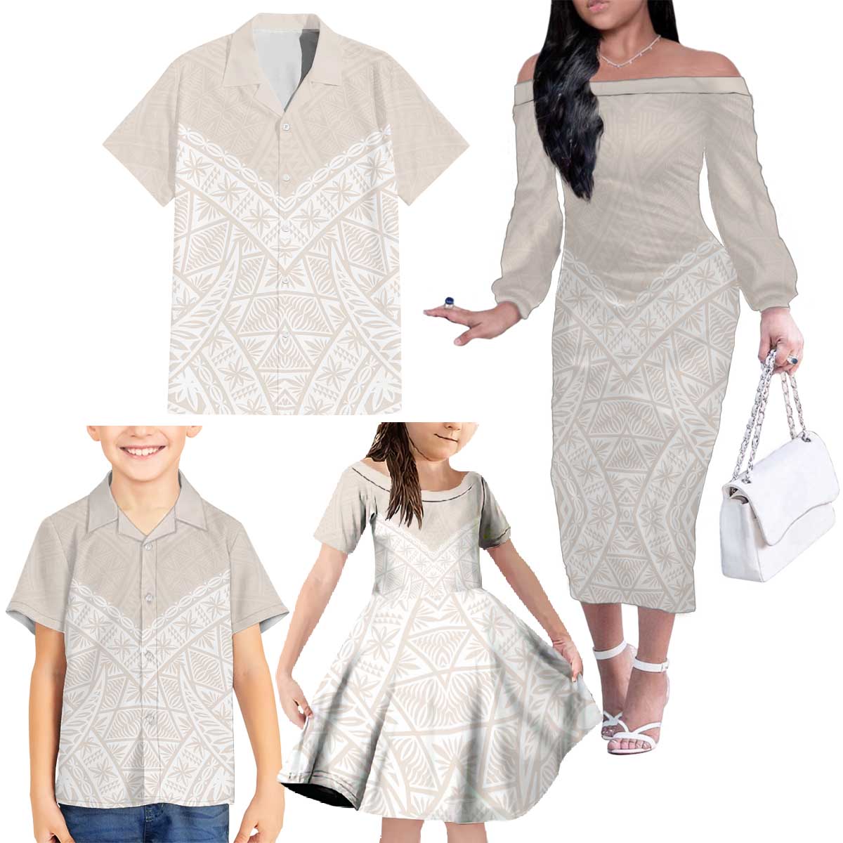 Lotu Tamaiti Tongan Polynesian Art Pattern Family Matching Off The Shoulder Long Sleeve Dress and Hawaiian Shirt Traditional Tribal Motifs LT9 - Polynesian Pride