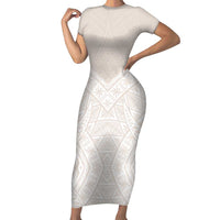 Lotu Tamaiti Tongan Polynesian Art Pattern Short Sleeve Bodycon Dress Traditional Tribal Motifs LT9 Long Dress White - Polynesian Pride