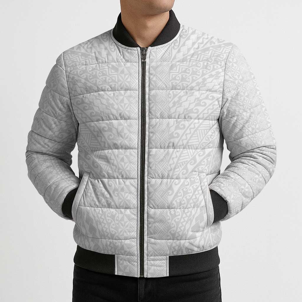 Lotu Tamaiti White Tongan Ngatu Bomber Puffer Jacket Polynesian Tribal Fonulei Pattern - Polynesian Pride