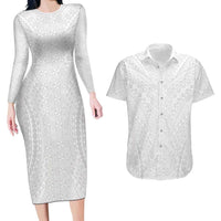 Lotu Tamaiti White Tongan Ngatu Couples Matching Long Sleeve Bodycon Dress and Hawaiian Shirt Polynesian Tribal Fonulei Pattern LT9 White - Polynesian Pride