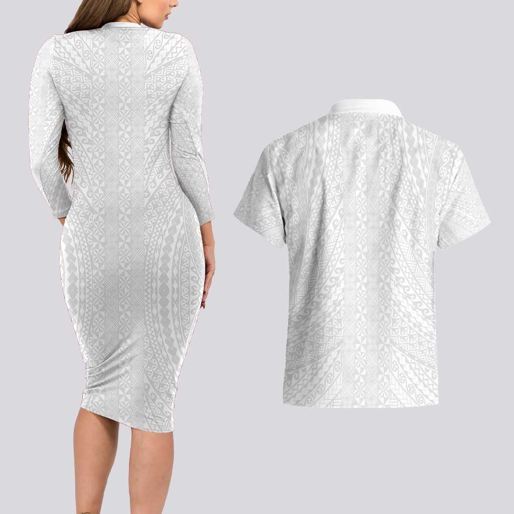 Lotu Tamaiti White Tongan Ngatu Couples Matching Long Sleeve Bodycon Dress and Hawaiian Shirt Polynesian Tribal Fonulei Pattern LT9 - Polynesian Pride