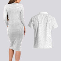 Lotu Tamaiti White Tongan Ngatu Couples Matching Long Sleeve Bodycon Dress and Hawaiian Shirt Polynesian Tribal Fonulei Pattern LT9 - Polynesian Pride