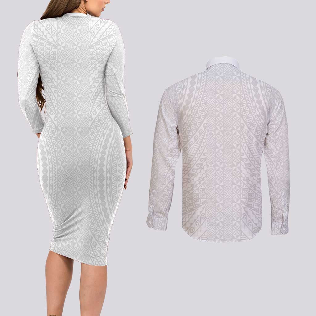 Lotu Tamaiti White Tongan Ngatu Couples Matching Long Sleeve Bodycon Dress and Long Sleeve Button Shirt Polynesian Tribal Fonulei Pattern LT9 - Polynesian Pride